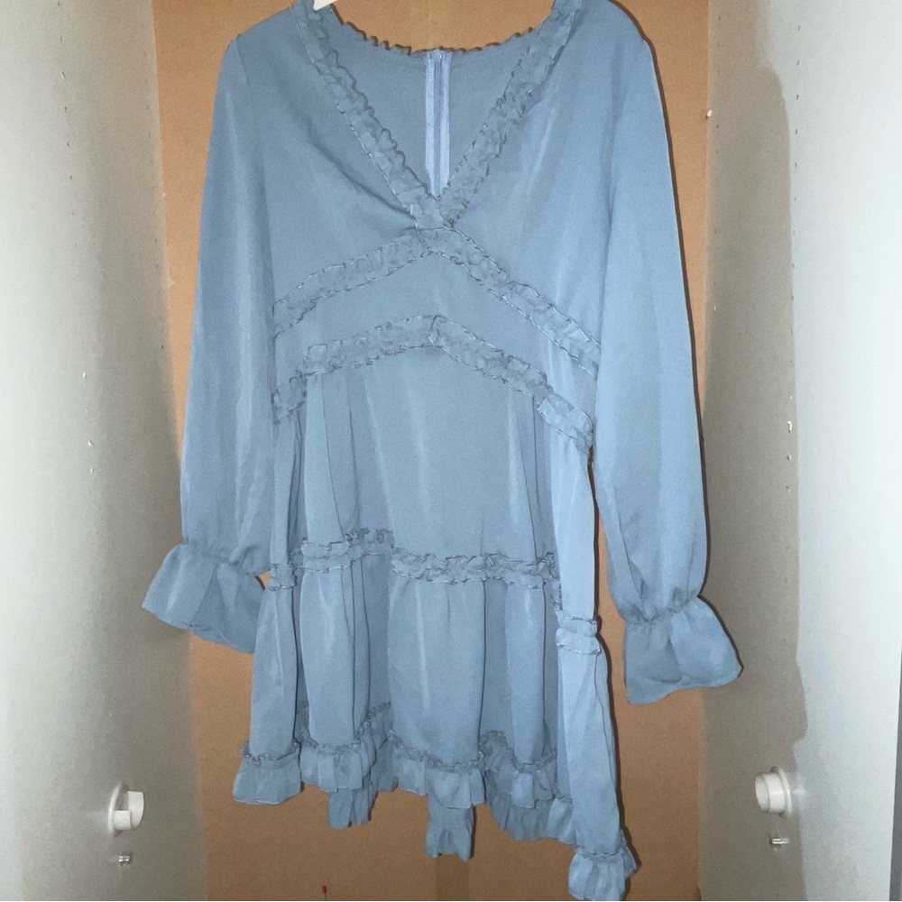 Light Blue Ruffle Long Sleeve Zip Up V-Neck Dress